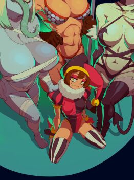 4girls abs amazon_(dragon&#039;s_crown) axe bell breasts brown_gloves brown_hair chest_sarashi collar colored_tongue commentary demon_girl demon_tail dragon&#039;s_crown english_commentary fang frilled_collar frills gloves green_hair green_tongue halloween halloween_costume hand_on_own_chest hat highres holding holding_axe jester jester_cap jester_costume kneeling large_breasts leotard long_tongue looking_at_viewer multiple_girls mummy_costume muscular muscular_female nudiedoodles puffy_short_sleeves puffy_sleeves sarashi short_sleeves size_difference stitches tail thighhighs tongue tongue_out very_long_tongue yellow_eyes