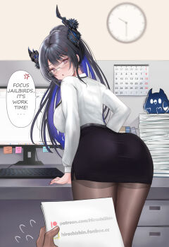 1boy 1girl anger_vein angry ass asymmetrical_horns black_hair black_skirt blue_hair breasts calendar_(object) clock computer computer_keyboard demon_horns desk english_text glasses high_ponytail highres hiroshi_shin hololive hololive_english horns jailbird_(nerissa_ravencroft) large_breasts long_hair miniskirt mole mole_under_eye monitor multicolored_hair nerissa_ravencroft nerissa_ravencroft_(casual) office office_lady paid_reward_available pantyhose paper_stack pencil_skirt ponytail red_eyes shirt skirt speech_bubble spoken_anger_vein sticky_note stuffed_toy two-tone_hair uneven_horns v-shaped_eyebrows variant_set very_long_hair virtual_youtuber white_shirt