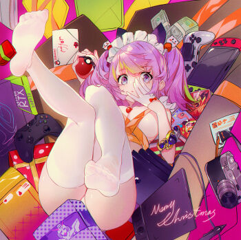 1girl ass breasts christmas copyright_request drawing_tablet feet grandia_lee graphics_card highres long_hair looking_at_viewer money no_shoes playstation_controller pokemon pokemon_swsh socks soles thighhighs white_thighhighs