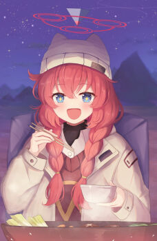 +_+ 1girl :d a_ekoa animal_ear_headwear animal_ears beanie blue_archive blue_eyes blush bowl camping chopsticks coat commentary dual_wielding eyelashes fake_animal_ears hair_between_eyes halo hands_up happy hat highres holding holding_bowl holding_chopsticks hotpot long_hair long_sleeves maki_(blue_archive) maki_(camp)_(blue_archive) nabe night official_alternate_costume official_alternate_hairstyle open_clothes open_coat open_mouth outdoors red_hair red_halo red_sweater sitting sky smile solo star_(sky) starry_sky steam sweater turtleneck underlighting upper_body yellow_coat yellow_hat
