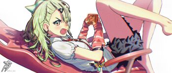 1girl bandaid bandaid_hair_ornament barefoot black_skirt blush cellphone chair chinatsu_remiel commentary earrings english_commentary fang fini_kin from_side fur-trimmed_skirt fur_trim green_eyes green_hair green_nails hair_ornament highres holding holding_phone jewelry lying multicolored_eyes multicolored_nails multiple_hair_clips musical_note_earrings necktie on_back on_chair open_mouth orange_eyes phone pink_arm_warmers pink_nails playing_games print_necktie red_necktie ring_hair_ornament shirt signature simple_background skirt solo striped_arm_warmers tears v-shaped_eyebrows white_background white_shirt zenless_zone_zero