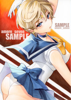 1girl amore_seven ass bishoujo_senshi_sailor_moon blonde_hair blue_choker blue_eyes blue_sailor_collar blue_skirt bow choker covered_erect_nipples earrings gloves highres jewelry marker_(medium) pleated_skirt sailor_collar sailor_senshi_uniform sailor_uranus short_hair skirt solo ten&#039;ou_haruka traditional_media white_gloves yellow_bow