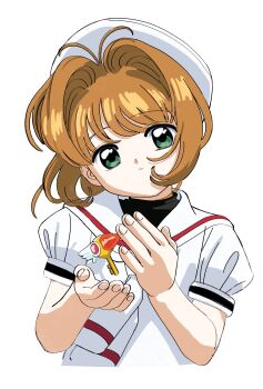 1girl brown_hair cardcaptor_sakura fuuin_no_tsue green_eyes hat highres kinomoto_sakura looking_at_viewer nnn-ollll sailor_collar school_uniform shirt short_hair simple_background solo tomoeda_elementary_school_uniform upper_body white_background white_hat white_sailor_collar white_shirt