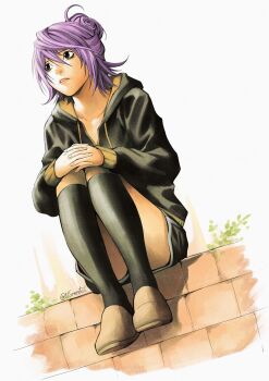 Rule 34 | 1girl, black eyes, black hoodie, black shorts, black socks, brick, commentary, english commentary, foliage, full body, hair between eyes, hair bun, highres, hood, hood down, hoodie, kneehighs, knees to chest, lips, medium hair, nifast (greentail), obata takeshi (style), original, parted lips, purple hair, shoes, shorts, sitting, socks, solo, twitter username, white background