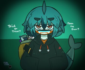 1girl black_hoodie blue_hair candy character_name commentary_request drawstring english_text fins fish_tail food fuka-chan hair_between_eyes halloween hands_in_pocket highres hood hood_down hoodie lollipop long_sleeves looking_at_viewer mask mouth_mask no_i&#039;m_not_a_human original puffy_long_sleeves puffy_sleeves red_eyes sea_urchin shark_tail short_eyebrows skull solo stitches swirl_lollipop tail thick_eyebrows trick_or_treat uni_souchou upper_body