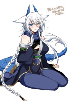 Rule 34 | 1girl, alternate costume, animal ears, bare shoulders, barefoot, blue eyes, blush, breasts, bridal gauntlets, dragon horns, dragon tail, female focus, flying sweatdrops, fox ears, full body, heterochromia, horns, konshin, large breasts, long hair, looking at viewer, open mouth, orange eyes, orie hakua, pixiv fantasia, pixiv fantasia new world, silver hair, simple background, sitting, smile, solo, tail, toeless legwear, toes, very long hair, white background