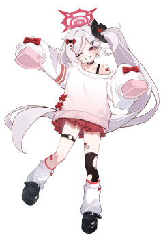 1girl absurdres alternate_costume bandaid bandaid_on_shoulder black_scrunchie black_shoes black_thighhighs blue_archive blush boots bow grin hair_bow hair_ornament hair_scrunchie halo highres leg_warmers long_hair looking_at_viewer mutsuki_(blue_archive) one_eye_closed pleated_skirt purple_eyes red_bow red_halo scrunchie sex_through_torn_clothes shoes side_ponytail single_bare_shoulder single_thigh_boot skirt smile solo sweater thigh_boots thigh_strap thighhighs white_hair white_leg_warmers white_sweater wonni_(user_fafu7345)