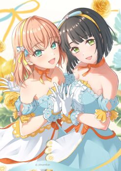 2girls :d bare_shoulders black_hair blue_dress blue_ribbon blunt_bangs blunt_ends bob_cut bow bow_choker bow_hairband breasts celebration!_(love_live!) cerise_bouquet choker citrusmikan cleavage commentary detached_sleeves dress floral_background gloves hair_ribbon hairband highres hinoshita_kaho link!_like!_love_live! looking_at_viewer love_live! medium_breasts medium_hair momose_ginko multiple_girls official_alternate_costume open_mouth orange_bow orange_choker orange_hair orange_ribbon puffy_short_sleeves puffy_sleeves ranunculus ribbon ribbon_choker short_hair short_sleeves smile strapless strapless_dress twitter_username two_side_up virtual_youtuber white_gloves yellow_hairband