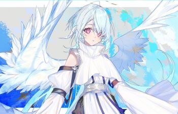 1girl ancient_greek_clothes au_ra bare_shoulders chiton clothing_cutout commentary dragon_girl dragon_horns dragon_tail feathered_wings final_fantasy final_fantasy_xiv greco-roman_clothes horns long_hair looking_at_viewer motsuni_(lxxe1120) red_eyes sash scales shoulder_cutout solo symbol-only_commentary tail warrior_of_light_(ff14) white_hair wings