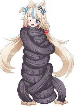 Rule 34 | 1girl, ahoge, animal ear fluff, animal ears, bad0gift, bdsm, blonde hair, blue bow, blue eyes, blue hair, blue streaks, blunt bangs, blurry, blurry background, blush, bondage, bound, bow, cat ears, commentary, constriction, d;, earthworm, fang, fish girl, full body, furrowed brow, hair bow, hair ornament, highres, indie virtual youtuber, lifebuoy hair ornament, long hair, looking down, low twintails, multicolored hair, mummification (bound), one eye closed, one side up, open mouth, restrained, sameko saba, simple background, single hair streak, solo, squeezing, streaked hair, striped bow, tied up (nonsexual), twintails, two-tone hair, very long hair, virtual youtuber, white background, worm, wrapping