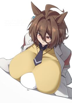 1boy 1girl absurdres agnes_tachyon_(tach-nology)_(umamusume) agnes_tachyon_(umamusume) ahoge animal_ears between_breasts black_necktie black_shirt blush breast_smother breasts brown_eyes brown_hair chemical_structure collared_shirt commentary english_commentary face_to_breasts faceless faceless_male hair_intakes head_between_breasts hetero highres horse_ears horse_girl huge_breasts k_dhen lab_coat long_sleeves looking_at_another medium_hair necktie open_clothes parted_lips shirt short_necktie simple_background sleeves_past_fingers sleeves_past_wrists smile solo_focus sweatdrop sweater sweater_vest umamusume white_background yellow_sweater_vest