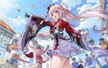 Rule 34 | :d, animal ears, argyle clothes, arm up, blue sky, bow, braid, carnaval do brasil, clothing cutout, cloud, cloudy sky, dark-skinned female, dark-skinned male, dark skin, dress, facial mark, frills, gloves, hat, highres, honkai: star rail, honkai (series), multiple boys, multiple girls, official art, open mouth, outdoors, pink eyes, portuguese commentary, rabbit ears, side braid, single glove, skirt, sky, smile, solo focus, sparkle (honkai: star rail), sparxie (honkai: star rail), sunlight, twintails, white hair