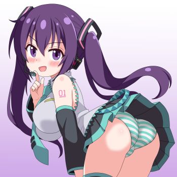 1girl :d alternate_costume aqua_necktie aqua_panties ass bent_over black_skirt black_thighhighs blush breasts commentary_request cosplay detached_sleeves gochuumon_wa_usagi_desu_ka? gradient_background grey_shirt hair_between_eyes hair_ornament hatsune_miku hatsune_miku_(cosplay) headphones highres large_breasts long_hair looking_at_viewer multicolored_hair necktie open_mouth panties pleated_skirt purple_background purple_eyes purple_hair sakuzo shirt simple_background skirt smile solo standing striped_clothes striped_panties tedeza_rize thighhighs trefoil two-tone_hair underwear white_background