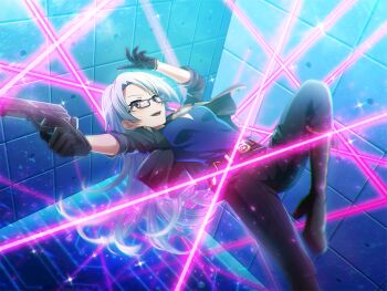 Rule 34 | 1girl, belt, black belt, black gloves, black jacket, black pants, black shoes, blue shirt, brown eyes, game cg, glasses, gloves, gun, handgun, high heels, holding, holding gun, holding weapon, jacket, laser hallway, long hair, long sleeves, looking at viewer, official art, oogami shiro, open mouth, pants, shirt, shoes, shoujo kageki revue starlight, shoujo kageki revue starlight -re live-, solo, weapon, white hair