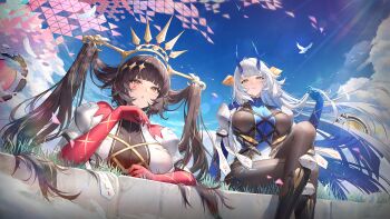 2girls blue_hair bodysuit breasts brown_hair crown daiblos_core game_cg green_eyes highres horns impossible_bodysuit impossible_clothes large_breasts long_hair looking_at_viewer midnight_(daiblos_core) multicolored_hair multiple_girls non-web_source official_art sitting sunrise_(daiblos_core) two-tone_hair white_hair yellow_eyes