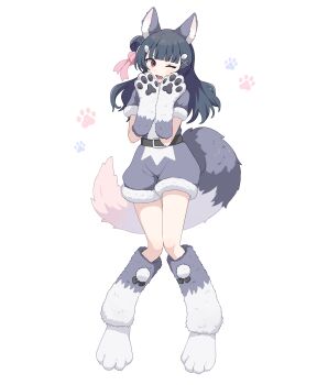1girl absurdres animal_ears animal_hands belt black_belt blue_hair blunt_bangs commentary full_body genjitsu_no_yohane gloves grey_shirt grey_shorts hair_bun hair_ornament hands_up highres long_hair looking_to_the_side love_live! love_live!_sunshine!! o_to_mo one_eye_closed open_mouth paw_gloves paw_print paw_shoes purple_eyes shirt short_sleeves shorts sideways_glance simple_background single_side_bun solo standing symbol-only_commentary tail tsushima_yoshiko white_background wolf_ears wolf_tail x_hair_ornament yohane_(genjitsu_no_yohane)