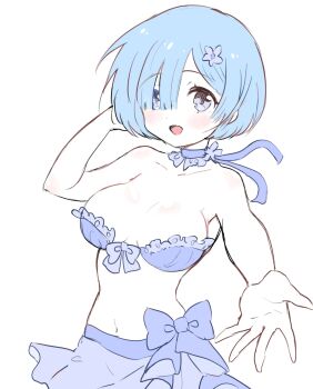 1girl bare_shoulders blue_bra blue_choker blue_eyes blue_hair blush bow bra breasts choker cleavage collarbone commentary_request flower frilled_bra frills hair_flower hair_ornament hair_over_one_eye highres large_breasts looking_at_viewer medium_breasts meunkoyomi navel open_mouth re:zero_kara_hajimeru_isekai_seikatsu rem_(re:zero) ribbon short_hair simple_background skirt smile solo strapless strapless_bra swimsuit underwear white_background
