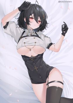 1girl arm_up bed_sheet belt black_gloves black_hair blush breasts clothing_cutout cropped_legs cross earrings garter_straps gloves hair_ornament hairclip highres jewelry large_breasts legwear_garter looking_at_viewer lying no_bra on_bed original petals red_earrings red_eyes hair_ornament short_hair short_shorts shorts single_thighhigh smile solo suzuho_hotaru tagme thighhighs thighs underboob underboob_cutout