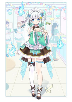 Rule 34 | 4girls, absurdres, apron, aqua dress, aqua hair, asahi illustrator, black shoes, black skirt, blue bow, bow, closed mouth, commentary, densetsu.exe, dress, four-finger heart hands, gradient hair, hair bow, hair ornament, heart, heart hands, highres, looking at viewer, maid, maid apron, maid headdress, mary janes, medium hair, mint fantome, mint fantome (minto 2.0), moe moe kyun!, multicolored hair, multiple girls, pointy ears, shoes, skirt, smile, symbol-only commentary, thighhighs, virtual youtuber, white hair, white thighhighs, x hair ornament