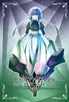 1girl apron blue_eyes blue_hair breasts copyright_name full_body gloves looking_at_viewer maid maid_apron maid_headdress medium_hair peridot_(pixiv_fantasia_last_saga) pixiv_fantasia pixiv_fantasia_last_saga puffy_sleeves skirt_hold small_breasts solo standing sui_sow white_gloves