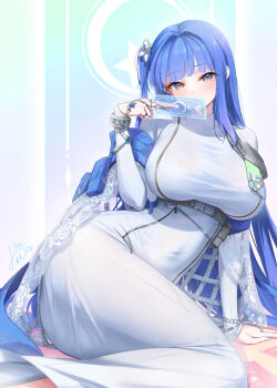 1girl aeon_ion arcana_(nikke) arm_pouch arm_support arm_up belt_pouch blue_hair blunt_bangs blush bra bracelet breasts card commentary dated dress earrings english_commentary gem goddess_of_victory:_nikke green_gemstone grey_eyes hair_intakes highres holding holding_card hologram jewelry large_breasts long_dress long_sleeves looking_at_viewer lying on_ground pouch ring see-through_bra see-through_clothes sidelocks signature silver_nails smile solo tarot tarot_card tight_clothes tight_dress underbust underwear white_background white_dress zipper_dress