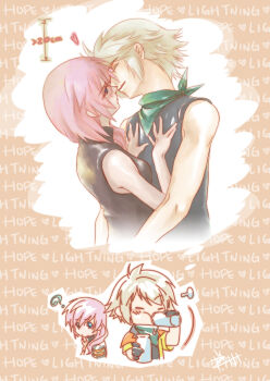 10s 1boy 1girl ? blue_eyes blush couple drinking english_text final_fantasy final_fantasy_xiii grey_hair height_difference hetero hope_estheim imagining imminent_kiss lightning_farron piggy_ho_ho pink_hair