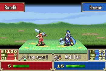2boys animated animated_gif armor axe blue_armor blue_cape cape fire_emblem fire_emblem:_the_blazing_blade heads-up_display hector_(fire_emblem) lowres multiple_boys nintendo pixel_art punching sprite sword user_interface vilkalizer weapon