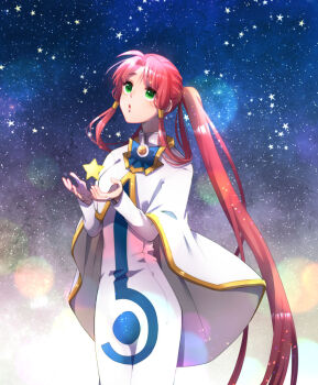 Rule 34 | 1girl, aria (manga), aria company uniform, blue background, blue bow, blue bowtie, blush, bow, bowtie, capelet, cowboy shot, dress, eyelashes, gold trim, gradient background, green eyes, grey background, hair rings, hair tubes, hand up, impossible clothes, impossible dress, kagura (anomalo-anima), long hair, long sleeves, mizunashi akari, open mouth, parted bangs, pink eyes, ponytail, print dress, sky, solo, star (sky), star (symbol), starry background, starry sky, very long hair, white capelet, white dress, winter uniform