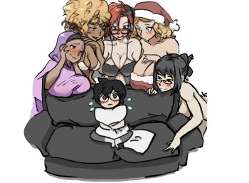 1boy 5girls age_difference artist_request breasts cleavage commentary highres huge_breasts imminent_rape large_breasts meme multiple_girls piper_perri_surrounded_(meme)
