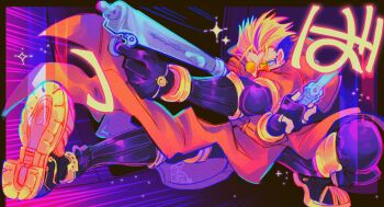 1boy absurdres bianca_lattei blonde_hair blue_eyes boots coat earrings gun handgun highres jewelry machine_gun male_focus multicolored_hair orange-tinted_eyewear prosthesis prosthetic_arm red_coat revolver round_eyewear single_earring spiked_hair tinted_eyewear trigun trigun_maximum two-tone_hair undercut vash_the_stampede weapon