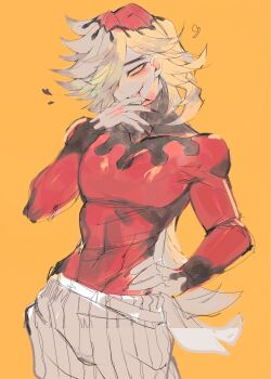 Rule 34 | 1boy, blonde hair, blood, blood from mouth, commentary request, cowboy shot, douma (kimetsu no yaiba), hair over one eye, hand on own hip, hand up, highres, kimetsu no yaiba, long hair, long sleeves, looking at viewer, male focus, one eye covered, pants, parted bangs, red shirt, shirt, smile, solo, usa37107692, white pants, yellow background