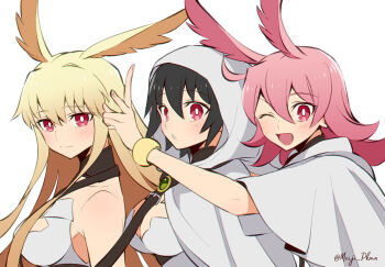 3girls ahoge black_hair blonde_hair blush breasts cloak eyebrows_hidden_by_hair fate/grand_order fate_(series) hair_between_eyes hildr_(fate) long_hair looking_at_viewer meiji_ken multiple_girls one_eye_closed open_mouth ortlinde_(fate) pink_hair pointy_ears red_eyes short_hair simple_background sleeveless smile thrud_(fate) upper_body valkyrie_(fate) victory_pose white_background