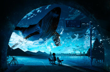 Rule 34 | 1girl, animal, animal focus, aqua theme, backpack, bag, bicycle, cloud, commentary request, crescent moon, dog, flying whale, from behind, highres, humpback whale, long sleeves, monochrome, moon, mountainous horizon, nor ni, original, outdoors, oversized animal, road, road sign, scenery, school of fish, shirt, short hair, sign, sky, solo, standing, tree, whale, wide shot