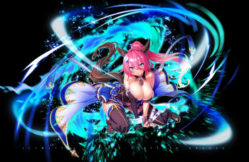 Rule 34 | 1girl, animal ears, black gloves, black thighhighs, blue eyes, breasts, cleavage, detached collar, eden's ritter grenze, elbow gloves, gloves, hair between eyes, highres, horse ears, horse tail, kneeling, large breasts, long hair, looking at viewer, padlocked choker, pink hair, ponytail, sakuya tsuitachi, single elbow glove, solo, strapless, tail, thighhighs