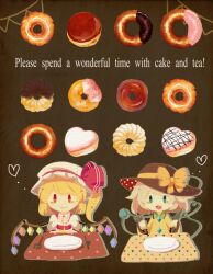 Rule 34 | 2girls, black hat, bow, brown background, cake, chibi, closed mouth, collared shirt, doughnut, english text, flandre scarlet, food, food focus, fork, frilled shirt collar, frills, green eyes, happy, hat, hat bow, hat ribbon, heart, holding, holding fork, holding knife, knife, komeiji koishi, mob cap, moyo (amaniwa), multicolored wings, multiple girls, open mouth, plate, puffy short sleeves, puffy sleeves, red eyes, red ribbon, ribbon, shirt, short sleeves, solid oval eyes, tablecloth, touhou, upper body, white hat, white shirt, wings, yellow bow, yellow ribbon, yellow shirt