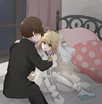 Rule 34 | 1boy, 1girl, 46isky21, ahoge, bedroom, belt, black pants, black shirt, blanket, blonde hair, bodysuit, breasts, bridal veil, bride, brown eyes, brown hair, bun cover, chain, closed mouth, commentary request, curtains, fate/extra, fate/extra ccc, fate (series), flower, from behind, full body, gloves, green eyes, hair between eyes, hair bun, hand on another's shoulder, hand up, head wreath, hetero, high heels, highres, indoors, keyhole, kishinami hakuno (male), leaf, long sleeves, looking at another, medium breasts, nero claudius (bride) (fate), nero claudius (fate), night, on bed, open mouth, pants, pillow, polka dot, purple sky, school uniform, shadow, shirt, shoes, short hair, sidelocks, skirt, sky, spread legs, sweatdrop, tsukumihara academy uniform (fate/extra ccc), v-shaped eyebrows, veil, white belt, white bodysuit, white flower, white gloves, white shoes, white skirt, white veil, window, wrist cuffs