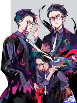 1boy adjusting_eyewear angry black_hair collared_shirt commentary_request corbeau_(pokemon) furrowed_brow glasses hand_on_own_shoulder highres male_focus necktie nintendo pokemon pokemon_legends:_z-a purple_shirt round_eyewear shirt short_hair towa2_138 v-shaped_eyebrows white_necktie