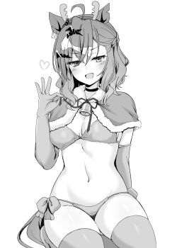 1girl :d absurdres ahoge animal_ears antlers bell bikini bow breasts capelet commentary_request ear_ornament elbow_gloves fake_antlers fang fur-trimmed_capelet fur_trim gloves greyscale hair_between_eyes hair_ornament hairclip heart highres horns horse_ears horse_girl horse_tail jungle_pocket_(umamusume) looking_at_viewer medium_breasts medium_hair monochrome navel notched_ear open_mouth reindeer_antlers ryochapu seiza simple_background sitting smile solo stomach swimsuit tail thighhighs umamusume white_background x_hair_ornament