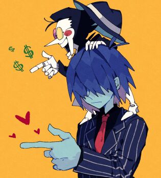 Rule 34 | 1boy, 1other, 2525nicc, :|, black hair, black shirt, blue hair, blue hat, blue jacket, circle facial mark, closed mouth, commentary, covered eyes, deltarune, dollar sign, fedora, finger gun, hair over eyes, hand on another's head, hat, heart, heterochromatic eyewear, highres, jacket, kris (dark world) (deltarune), kris (deltarune), kris (gangster) (deltarune), lapels, long nose, long sleeves, necktie, open mouth, pink-tinted eyewear, pointy nose, portrait, red necktie, shirt, short hair, simple background, size difference, spamton g. spamton, standing on another's shoulders, striped clothes, striped jacket, symbol-only commentary, teeth, tinted eyewear, utdr (toby fox), vertical-striped clothes, vertical-striped jacket, yellow-tinted eyewear, yellow background