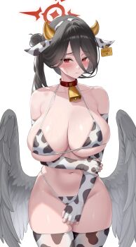 1girl absurdres animal_collar animal_ear_hairband animal_ears animal_print bare_shoulders bell bikini black_hair black_wings blue_archive blush breasts cleavage collar collarbone cow_ear_hairband cow_ears cow_print cow_print_bikini cow_print_gloves cow_print_thighhighs elbow_gloves embarrassed fake_animal_ears fake_horns feathered_wings fingerless_gloves gloves groin hair_between_eyes hair_bun hairband halo hasumi_(blue_archive) highres horn_hairband horns large_breasts long_hair looking_at_viewer low_wings mole mole_under_eye nam_gil navel neck_bell print_bikini print_gloves print_thighhighs red_eyes red_halo side_ponytail single_side_bun solo swimsuit thighhighs thighs wings
