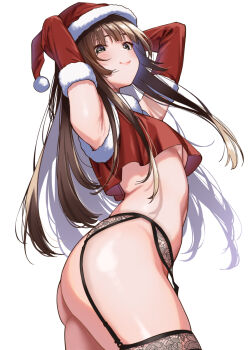 1girl alternate_costume amagami armpits arms_behind_head arms_up ass black_garter_belt black_thighhighs blunt_bangs breasts brown_eyes brown_hair christmas closed_mouth commentary_request cowboy_shot elbow_gloves from_side fur-trimmed_gloves fur-trimmed_headwear fur-trimmed_shirt fur_trim garter_belt gloves hat highres kamizaki_risa lace lace-trimmed_thighhighs lace_trim light_blush long_hair looking_at_viewer no_panties red_gloves red_hat red_shirt santa_costume santa_hat shirt shouji_nigou simple_background sleeveless sleeveless_shirt small_breasts solo straight_hair thighhighs thighs underboob white_background