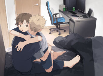 2boys 50off age_difference barefoot bed bedroom blonde_hair brown_eyes brown_hair can chair child comforting computer desk door elementary_school_age feet gaming_chair highres hug laptop looking_at_another looking_at_viewer male_focus manga_(object) monitor multiple_boys on_bed on_lap open_mouth original pants scared shirt short_hair short_sleeves shorts sitting spike_piercing straddling swivel_chair teenage_boy_and_younger_boy toes trash_can upright_straddle