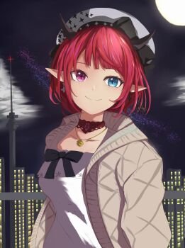 1girl absurdres beret black_bow black_choker blue_eyes bob_cut bow breasts brown_cardigan building cardigan choker closed_mouth commentary dress earrings english_commentary full_moon gold_necklace guyrys hat heterochromia highres hololive hololive_english hood hooded_cardigan horns irys_(casualrys)_(hololive) irys_(hololive) jewelry lace-trimmed_choker lace_trim long_sleeves looking_at_viewer medium_breasts moon necklace night night_sky official_alternate_costume official_alternate_hair_length official_alternate_hairstyle open_cardigan open_clothes pointy_ears purple_eyes purple_hair radio_tower red_hair short_hair sky smile solo vendetta666 virtual_youtuber white_dress white_hat