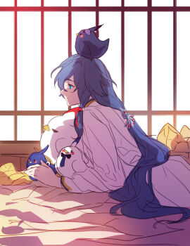 1girl absurdres amyucheu animal animal_on_head black_hair blue_eyes chinese_clothes closed_mouth commentary_request fu_hua fu_hua_(night_squire) hanfu highres honkai_(series) honkai_impact_3rd jingwei_(bird) long_hair long_sleeves on_head smile solo white_hanfu