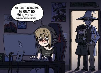 1boy 2girls ahoge bedroom black_coat black_shirt blush brown_hair brown_pants chair coat collared_shirt commentary computer computer_keyboard crossed_arms elf energy_drink english_commentary english_text father_and_daughter gaming_chair hat indoors karepack lab_coat meme military_hat monitor mother_and_daughter multiple_girls necktie original panties panties_around_leg pants parted_lips pointy_ears poster_(object) red_necktie shirt short_sleeves sitting small_sweatdrop speech_bubble standing sweatdrop swivel_chair t-shirt teeth tissue_box underwear walk-in white_hat witch_hat you_don't_understand_i'm_only_29_29_is_young_(meme)