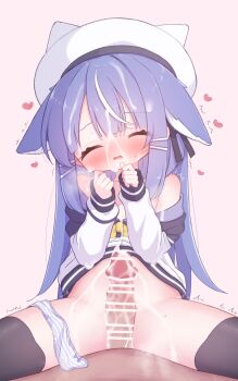 1boy 1girl absurdres animal_ears bar_censor black_thighhighs blue_hair blush censored closed_eyes commentary_request commission cowgirl_position cum cum_on_body cum_on_hair facial hat hetero highres loli long_hair nemonerin nia_(ayanepuna) original paid_reward_available panties panties_around_leg penis pov skeb_commission straddling thighhighs underwear variant_set white_panties