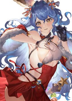 1girl absurdres animal_ears aochoku armpits black_gloves blue_eyes blue_hair blush bow breasts covered_navel dress ferry_(granblue_fantasy) gloves granblue_fantasy hair_bow hair_ribbon hair_spread_out hand_in_own_hair highres long_hair looking_at_another parted_lips red_dress ribbon self_exposure small_breasts solo thighs very_long_hair white_background
