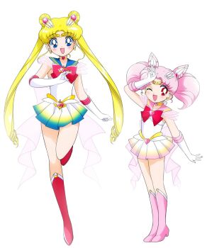 2girls back_bow bad_id bad_twitter_id bishoujo_senshi_sailor_moon bishoujo_senshi_sailor_moon_supers blonde_hair blue_eyes blue_sailor_collar blue_skirt boots bow bowtie brooch chibi_usa child choker circlet commentary cone_hair_bun crescent crescent_earrings derivative_work dot_nose double_bun earrings elbow_gloves english_commentary eyelashes full_body gloves gradient_clothes gradient_skirt hair_bun hair_ornament hand_on_own_head happy heart heart_brooch heart_choker height_difference high_heel_boots high_heels highres honeymoonpetal jewelry knee_boots large_bow leg_up leotard light_blush long_hair magical_girl miniskirt mother_and_daughter multiple_girls official_style one_eye_closed open_mouth parted_bangs pink_boots pink_hair pink_sailor_collar pink_skirt pleated_skirt red_boots red_bow red_bowtie red_eyes ringlets sailor_chibi_moon sailor_collar sailor_moon short_hair short_sleeves short_twintails simple_background skirt smile standing super_sailor_chibi_moon super_sailor_moon tareme tsukino_usagi twintails very_long_hair white_background white_bow white_gloves white_leotard white_skirt yellow_choker