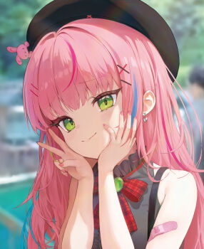 1girl bandaid bandaid_on_arm beret black_hat blurry blurry_background bow bowtie brooch closed_mouth commentary depth_of_field earrings fingernails frilled_shirt_collar frills gem green_eyes green_gemstone grey_shirt hair_ornament hairclip hanako_nana hands_on_own_cheeks hands_on_own_face hands_up hat heart heart_earrings highres jewelry long_hair multicolored_hair nail_polish peto_(hanako_nana) pink_hair pink_nails plaid_bow plaid_bowtie plaid_clothes red_bow red_bowtie shirt smile solo stellive straight_hair streaked_hair tsurime upper_body v virtual_youtuber wispy_bangs x_hair_ornament yangsongihand