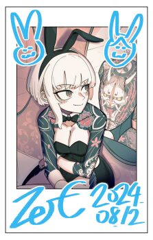 Rule 34 | 1girl, animal ear hairband, animal ears, arm tattoo, back tattoo, bare back, black hairband, black leotard, blonde hair, blush, border, bow, bowtie, breasts, cleavage, commentary request, dated, detached collar, eyelashes, fake animal ears, grey eyes, hairband, highres, hip tattoo, indoors, leotard, looking at mirror, looking at reflection, looking at self, mirror, original, playboy bunny, rabbit ear hairband, rabbit ears, short hair, shoulder tattoo, sidelocks, signature, sitting, smile, solo, strapless, strapless leotard, tattoo, white border, wrist cuffs, zetc g